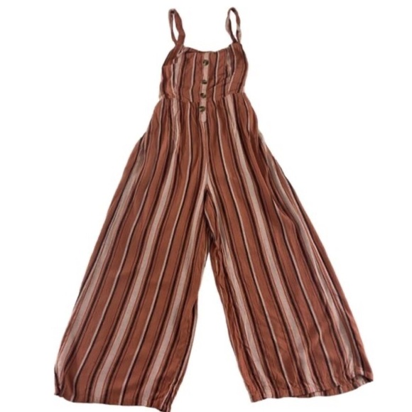 American Eagle striped button down smocked tie back wide leg crop jumpsuit sz L - Picture 1 of 5
